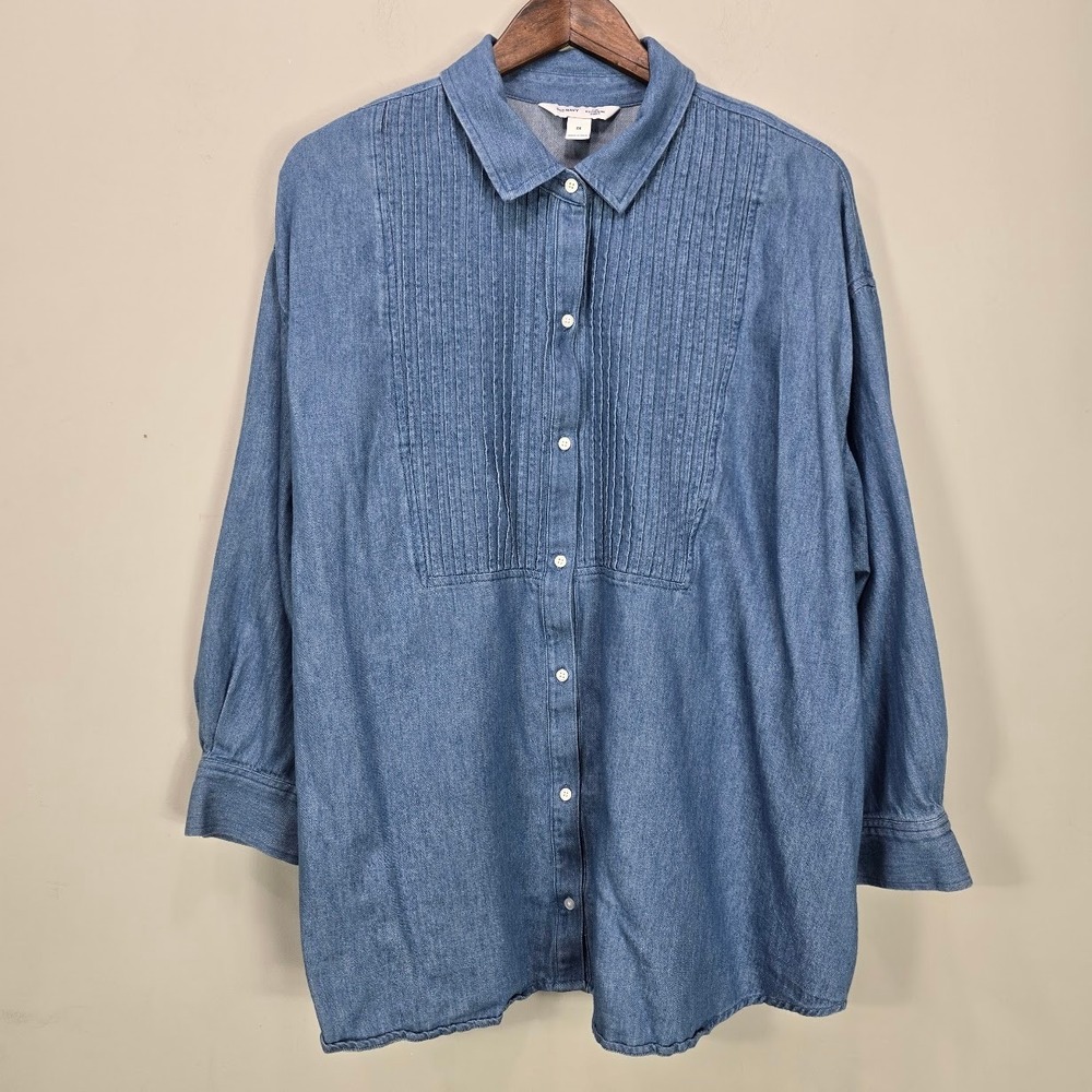 Old Navy Womens Pintuck Bib Denim Button Down Shirt Blue Chambray Tunic 2X